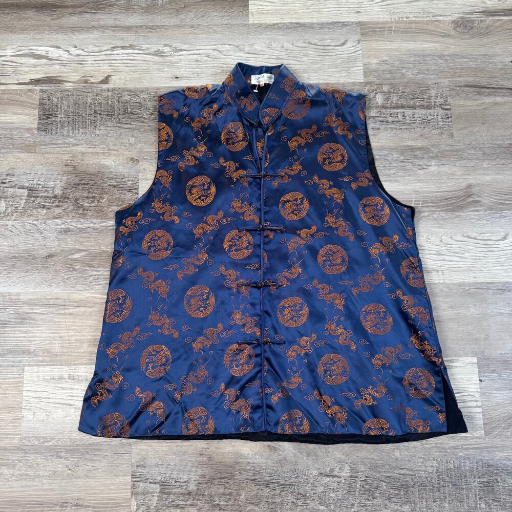 Vintage Y2K Chinese Dragon Satin Brocade Vest Frog Closure Indie Sleaze Navy XL